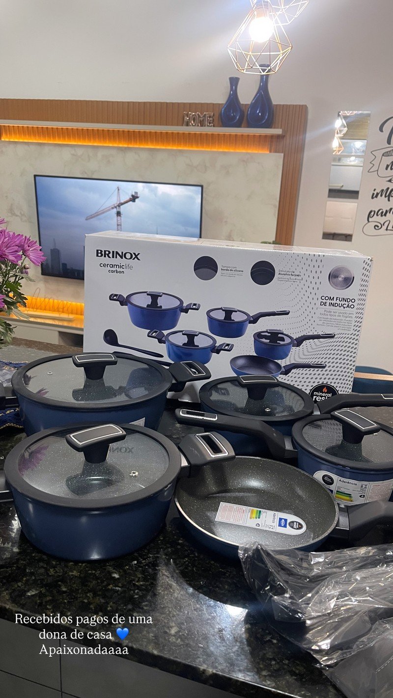 Jogo de Panelas Brinox Ceramic Life de Alumínio Azul 8 Peças
